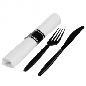 Fineline Settings - Flairware Napkin Roll with Fork, Knife and Black Band, 100 count