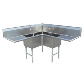 Omcan - Sink with 3 Tubs with Corner Sink and 2 Drain Boards, 18x18x14 Stainless Steel, each