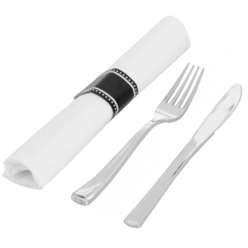Fineline Settings - Silver Secrets Napkin Roll with Fork and Knife, Heavy Silver Plastic, 100 count