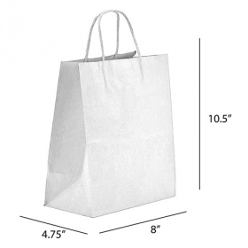 Paper Bag with Handle, 8x4.75x10.5 White Kraft, 250 count