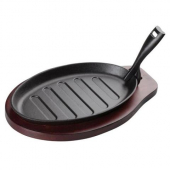 Winco - Steak Platter with Gripper and Wooden Underliner, Cast Iron