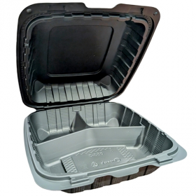 Primo - Hinged Container, 8&quot; MFPP Black with 3 Compartments, 150 count