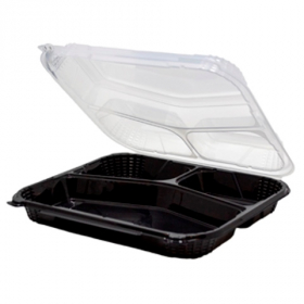 Genpak - ProView Container with 3 Compartments, 10.5x9.5x3.13 PP Plastic Black Base with Close-Off H