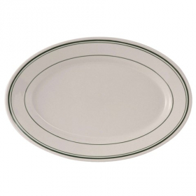Tuxton - Green Bay Oval Platter, 13.5x9 Eggshell with Green Bands, 8/500 count