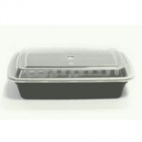 TTM - Food Container with 3 Compartments, 33 oz Rectangle PP Black Base with Clear Lid, 150 count