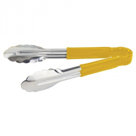 Winco - Tongs, 9" Stainless Steel Cold Service Tong, Yellow Plastic Handle, Heavy Duty, each