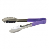 Winco - Tongs, 9&quot; Stainless Steel Utility Tong with Purple PP Handle, Heat Resistant and Allergen-Fr