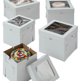 Cake/Bakery Box with Window Top, White/Kraft E-Flute Plain, 14x14x8