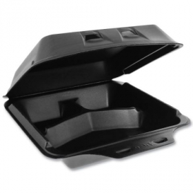 Pactiv - SmartLock Food Container, 3 Compartment Hinged Large Black Foam, 9x9.5x3.25, 150 count