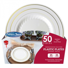 Fineline Settings - Caterer Choice Plate Combo, 7&quot; &amp; 10&quot; Gold Foil Trim Round, 300 count (150/150)