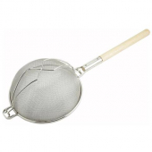 Winco - Strainer, 12&quot; Reinforced Double Mesh, Nickel-Plated with Round Wood Handle