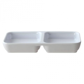 Sauce Dish with 2 Compartments, 4 oz White Melamine, 6x3 Rectangular, 12 count