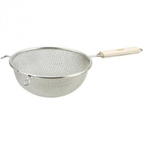 Winco - Strainer, 8 Fine Double Mesh, Tinned with Wood Handle