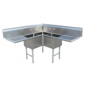 Omcan - Sink with 3 Tubs with Corner Sink and 2 Drain Boards, 18x18x14 Stainless Steel, each