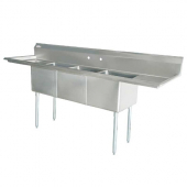 Omcan - Sink with 3 Tubs with Center Drain and 2 Drain Boards, 18x18x11 Stainless Steel