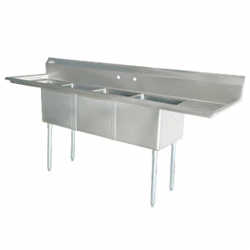 Omcan - Sink with 3 Tubs with Center Drain and 2 Drain Boards, 18x18x11 Stainless Steel