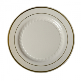 Fineline Settings - Silver Splendor Plate, 6&quot; Plastic, Bone Color with Gold Stripe