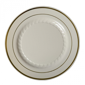 Fineline Settings - Silver Splendor Plate, 10.25&quot; Bone with Gold Rim Plastic, 120 count