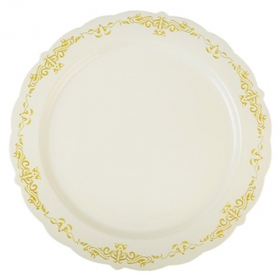 Fineline Settings - Heritage Dinner Plate, 10&quot; Bone/Gold Trim Plastic, 120 count