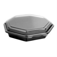 Carryout Food Container, 9&quot; Octagonal Plastic, Black Base with Hinged Clear Lid