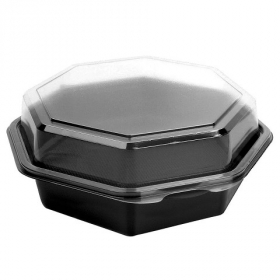 Dart - Solo Creative Carryouts OctaView Container, 7.5&quot; Octagonal Black PS Plastic with Hinged Clear