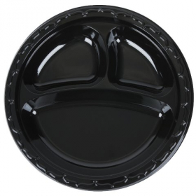 Genpak - Plate, 9&quot; Black Plastic 3 Compartment