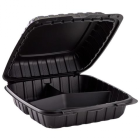 Hinged Container, 9x9 Black with 3 Compartments, 120 count
