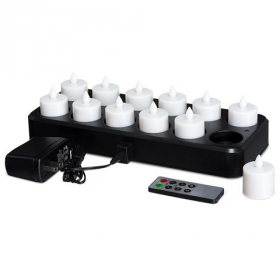LeoLight - LED Votive E-Flame Exposed Tealights, Includes 12 Candles, Recharge Tray, DC and Remote,