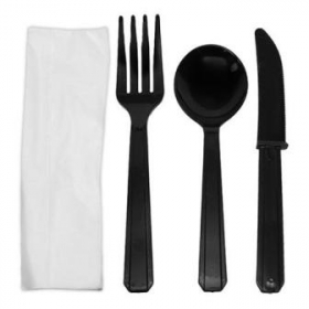 Karat - Cutlery Kit, Heavy Weight Black PS Plastic, includes fork, knife, spoon and napkin