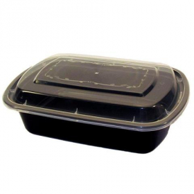 Tripak - Food Container Combo, 38 oz Deep Rectangular Plastic, 8x6 Black Base with Clear Lid, Microw