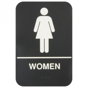 Women Restroom Sign with Braille, 6x9 Black Plastic