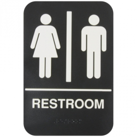 Restroom Sign with Braille, 6x9 Black Plastic