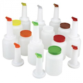 Winco - Multi-Pour Bottle Set, 1 Quart Liquor/Juice Pour, 2 each of 6 Assorted Colors, 12 total