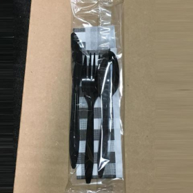Cutlery Kit, Black - Knife, Fork, Spoon, Black Checkered Napkin