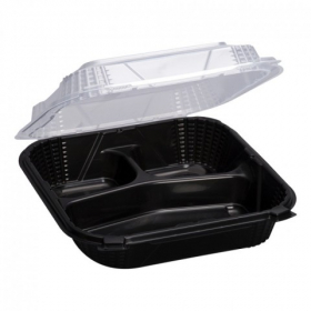 Genpak - ProView Container with 3 Compartments, 9.25x9.125x3 PP Plastic Black Base with Hinged Clear
