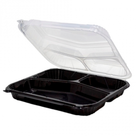 Genpak - ProView Container with 3 Compartments, 10.5x9.25x2.5 PP Plastic Black Base with Close-Off H