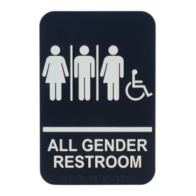 Winco - All Gender Restroom with Accessible Sign, 9x6 Black Plastic, each