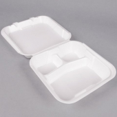 Genpak - Container, Large 3 Compartment Snap It Foam Hinged Dinner Container, White, 9.25x.9.25x3