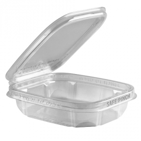 Anchor - Safe Pinch Tamper-Evident Container, 6x5 Clear Hinged RPET Plastic, 8 oz