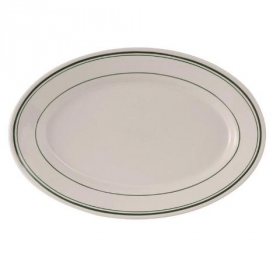 Tuxton - Green Bay Oval Platter, 10.5x7.375 Eggshell with Green Bands