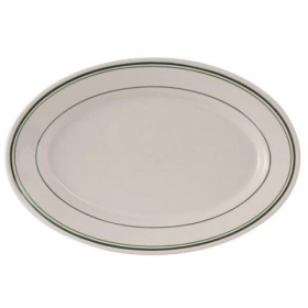 Tuxton - Green Bay Oval Platter, 11.625x8 Eggshell with Green Bands