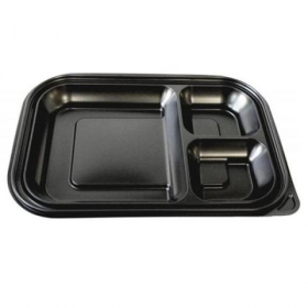 TTM - Food Container Base, 3-Compartment Black PP Plastic, 12x8.25x1.4, 400 count