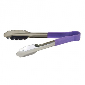 Winco - Tongs, 9&quot; Stainless Steel Utility Tong with Purple PP Handle, Heat Resistant and Allergen-Fr