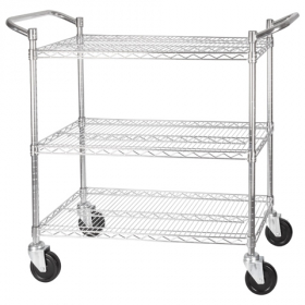 Winco - Shelving Cart, 18x36 3-Tier Wire Chrome Plated with Double Handle and Brake, each