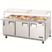 Everest - Open Top Refrigerated Prep Table with Casters, 3 Solid Swing Doors, 71.125x31.5x32.75 Stai