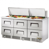 True - Food Prep Table with 6 Drawers and 30 Pans, 72.125x31.5x45.75 Stainless Steel Exterior, each