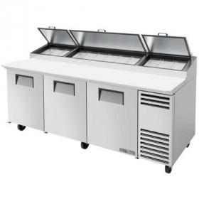 True - Pizza/Food Prep Table with 6 Shelves, 3 Doors and 12 Pans, 93.5x33.625x38.875
